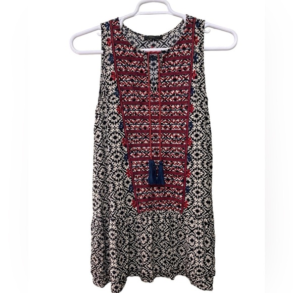 Anthropologie THMI Embroidered Boho Dress Tassel Tie Neck 2 Tiered Flouncy Skirt - Picture 1 of 15